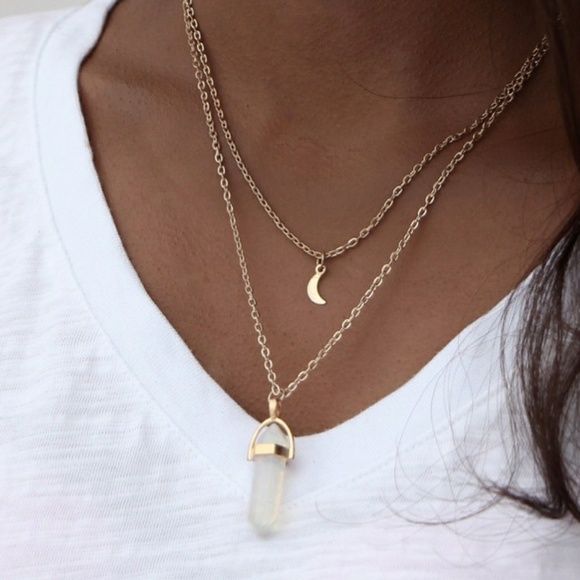 Natural Stone Crystal Moon Necklace - Picture 2 of 2